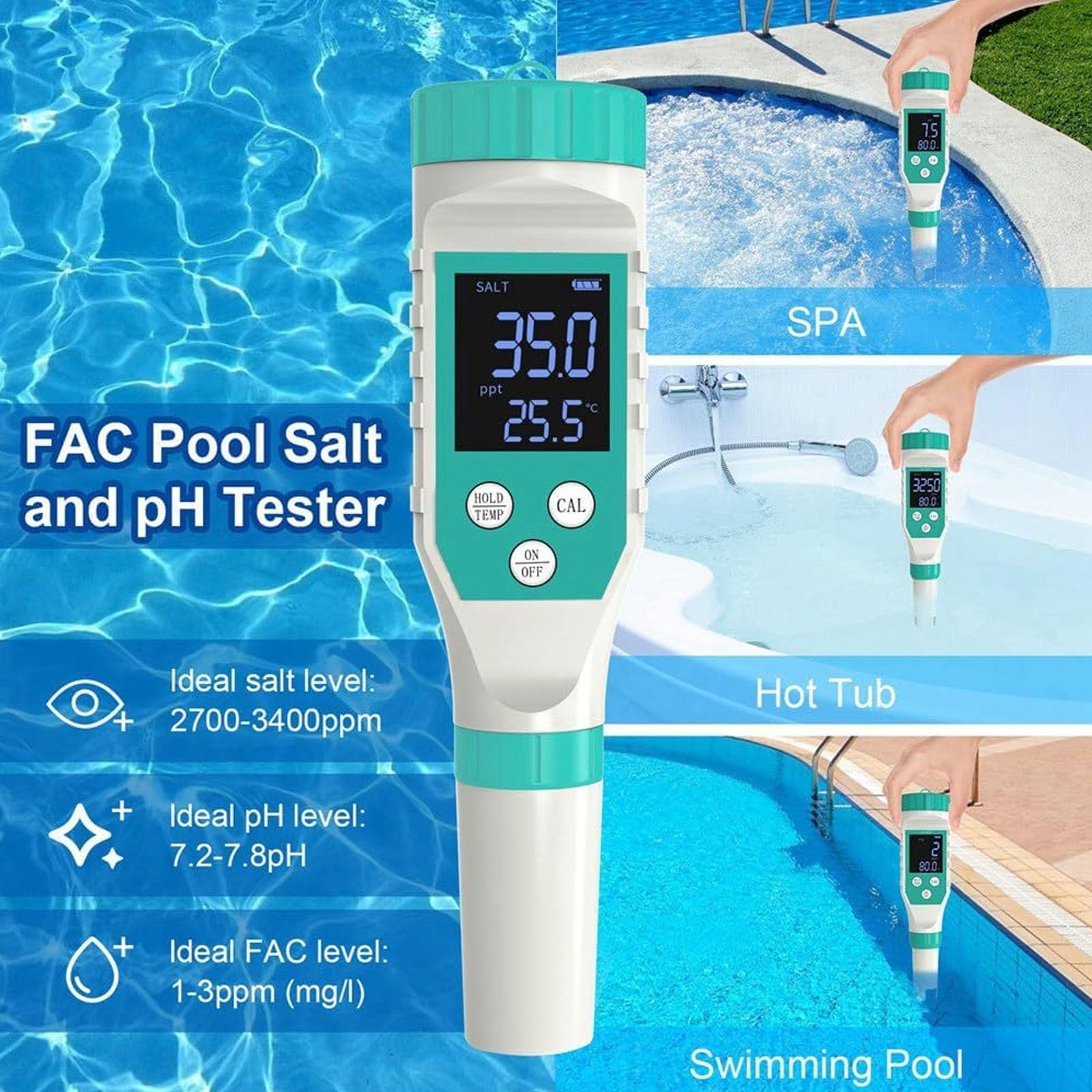 Misuratore della qualità dell'Acqua, Tester di Cloro 7 in 1 PH/Salt/ORP/TDS/EC/Temp for Piscina Acquario Spa Idroponica