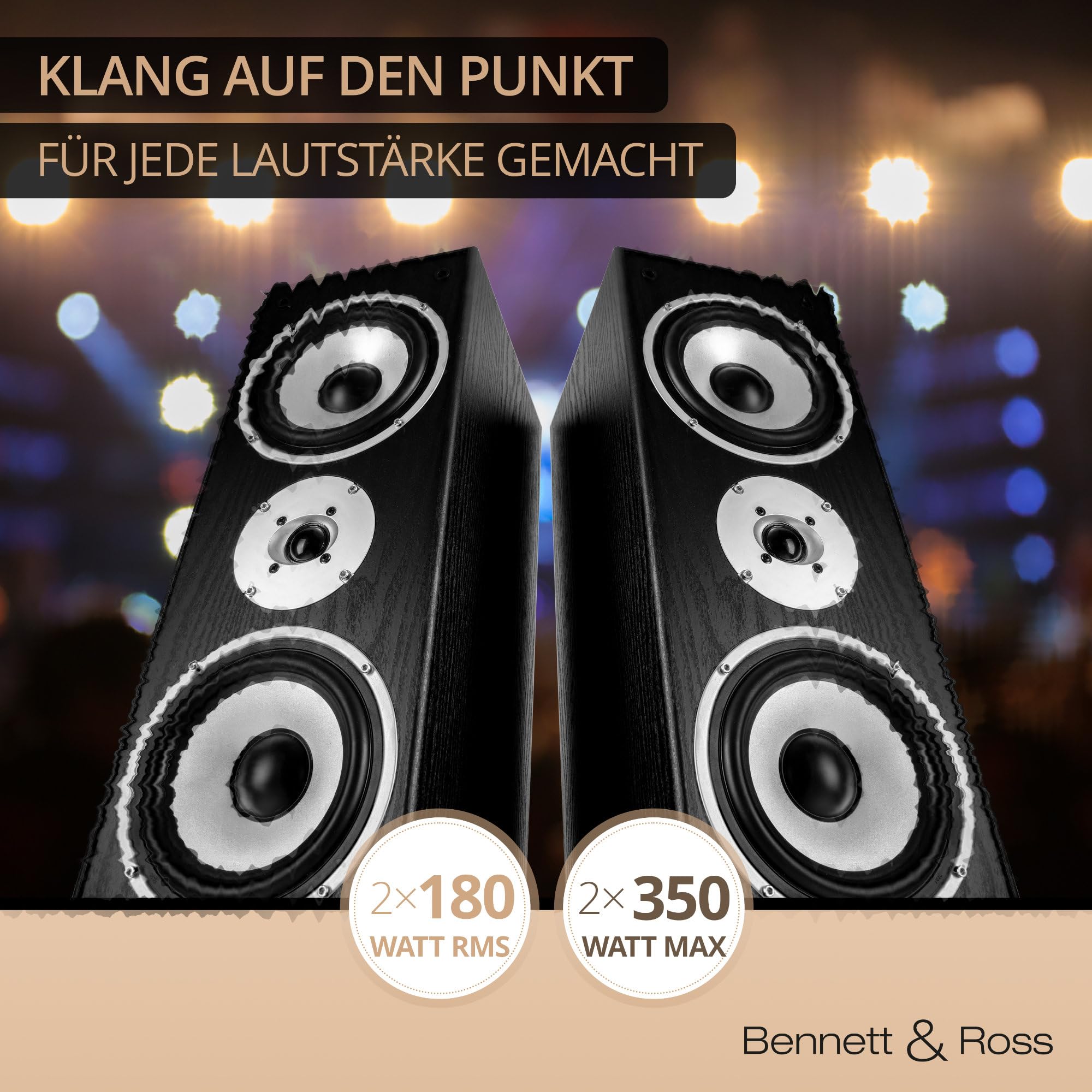 Bennett & Ross Radiant Paire d'enceintes Colonne HiFi 3 Voies (350W RMS, 6,5" woofer, 6,5" médium, 1" Tweeter, Conception Bass-Reflex, Finition Bois veiné) Noir