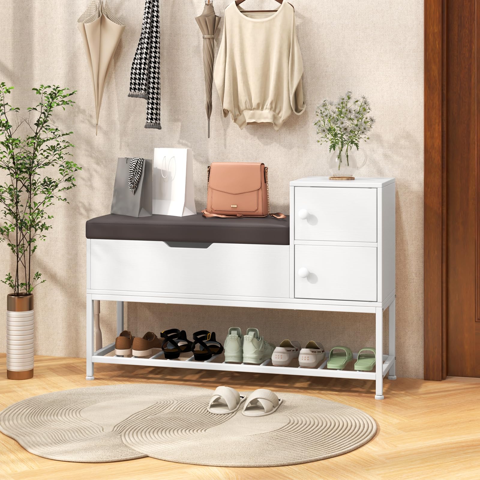 COSTWAY Banco Zapatero, Caja Abatible y 2 Puertas, Zapatero con Asiento, Calzador Retráctil, Gancho Lateral, Banco con Almacenaje Recibidor Entrada Pasillo, Blanco, 100 x 30 x 68 cm