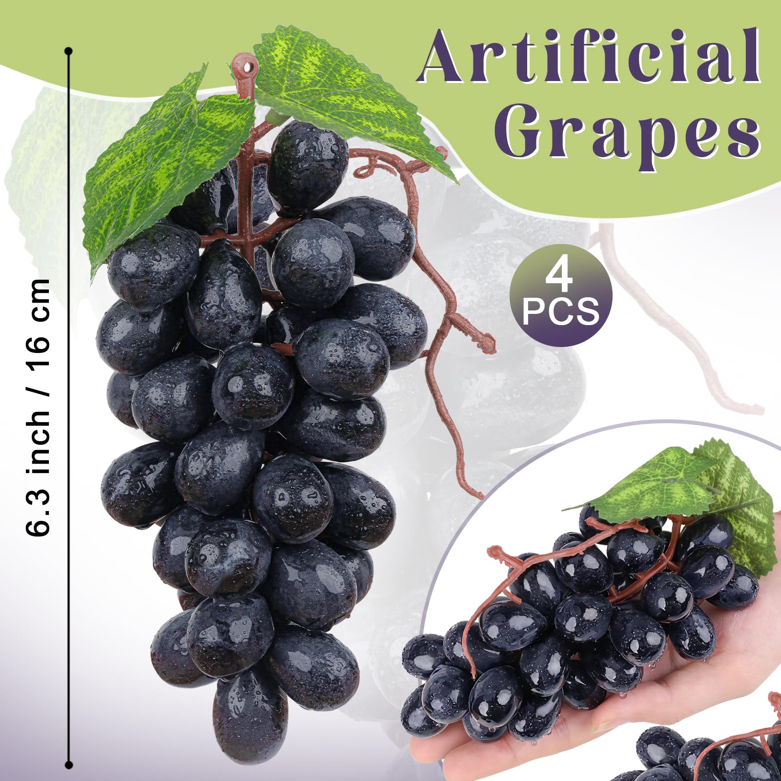 4 racimos de plástico artificial falso, uvas negras con vides, guirnalda, decoración de bodega, granja, mesa, fruta, modelo hecho a mano, accesorios de fotografía