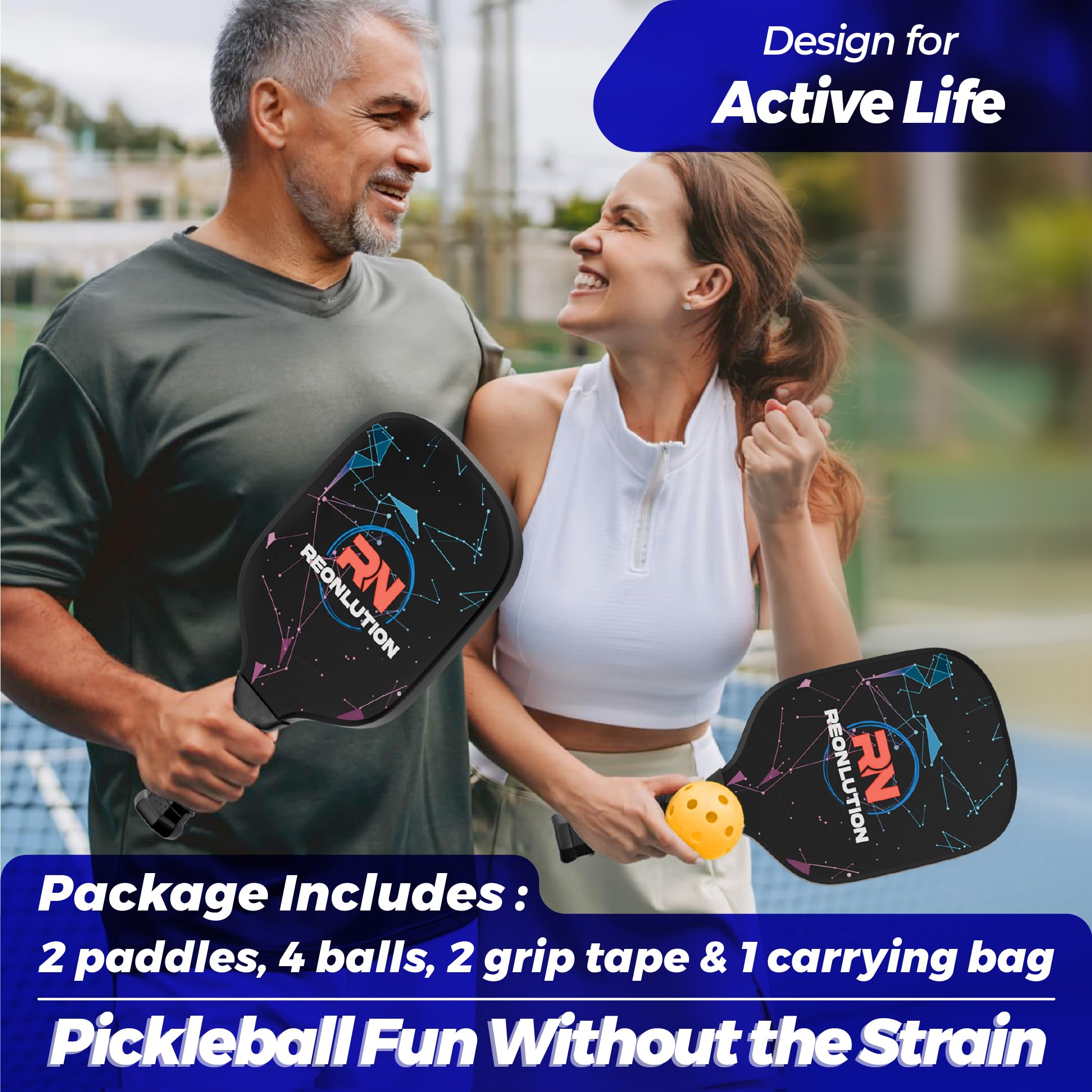 Reonlution Pickleball Paddles Set of 2 – Lightweight Fiberglass Surface with Honeycomb Core, 4 Balls, 2 Grip Tapes & 1 Carry Bag – Pickleball Rackets for Beginners & Intermediate Players