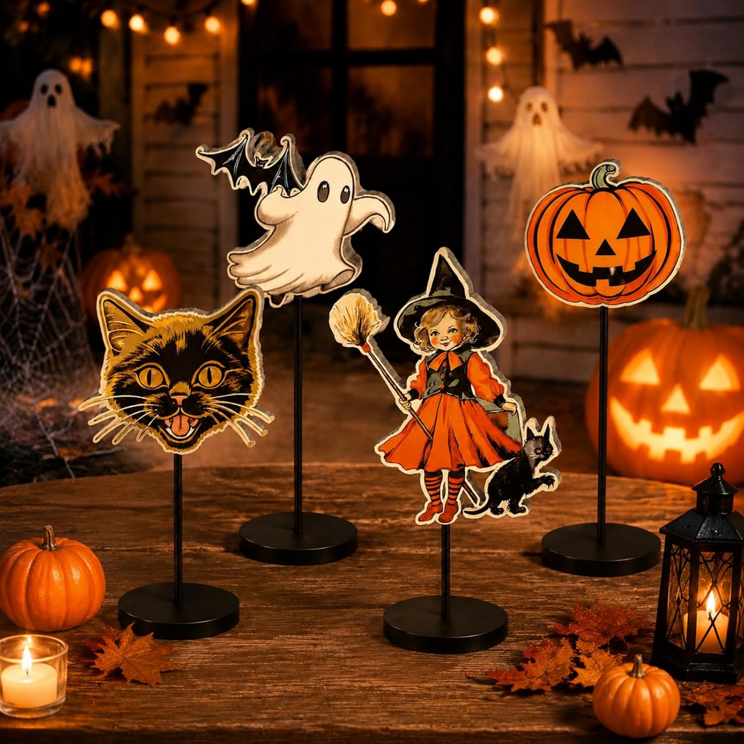 Huwena 4 Pcs Vintage Halloween Wood Table Decor Pumpkin Witch Cat Ghost