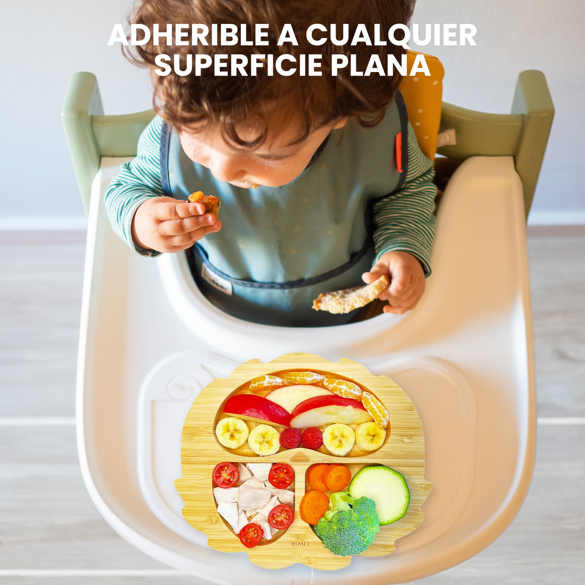 Plato de Bamboo con fuerte ventosa para bebés y niños pequeños. Plato BLW de bambú antideslizante con succión. Vajilla infantil antivuelco para aprender a comer BLW. (Lion)