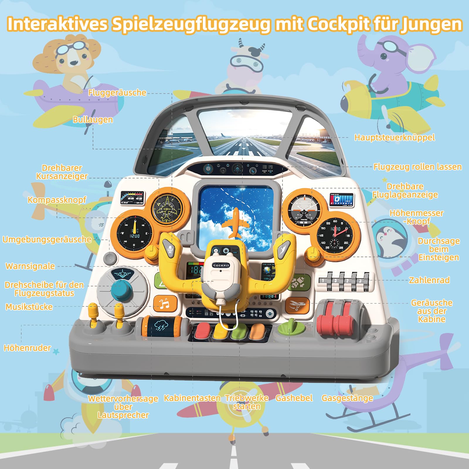 Mostop Giocattolo per volante, giocattolo educativo interattivo sensoriale con luce sonora, per giochi finti, abilità motorie e sviluppo cognitivo, per bambini dai 18 mesi in su