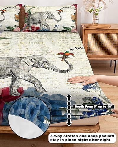 Miniatura 5 de Juego de sábanas bajeras de elefante con pájaros y flores para cama de tamaño matrimonial, sábanas de 3 piezas, sábana de bolsillo profundo para