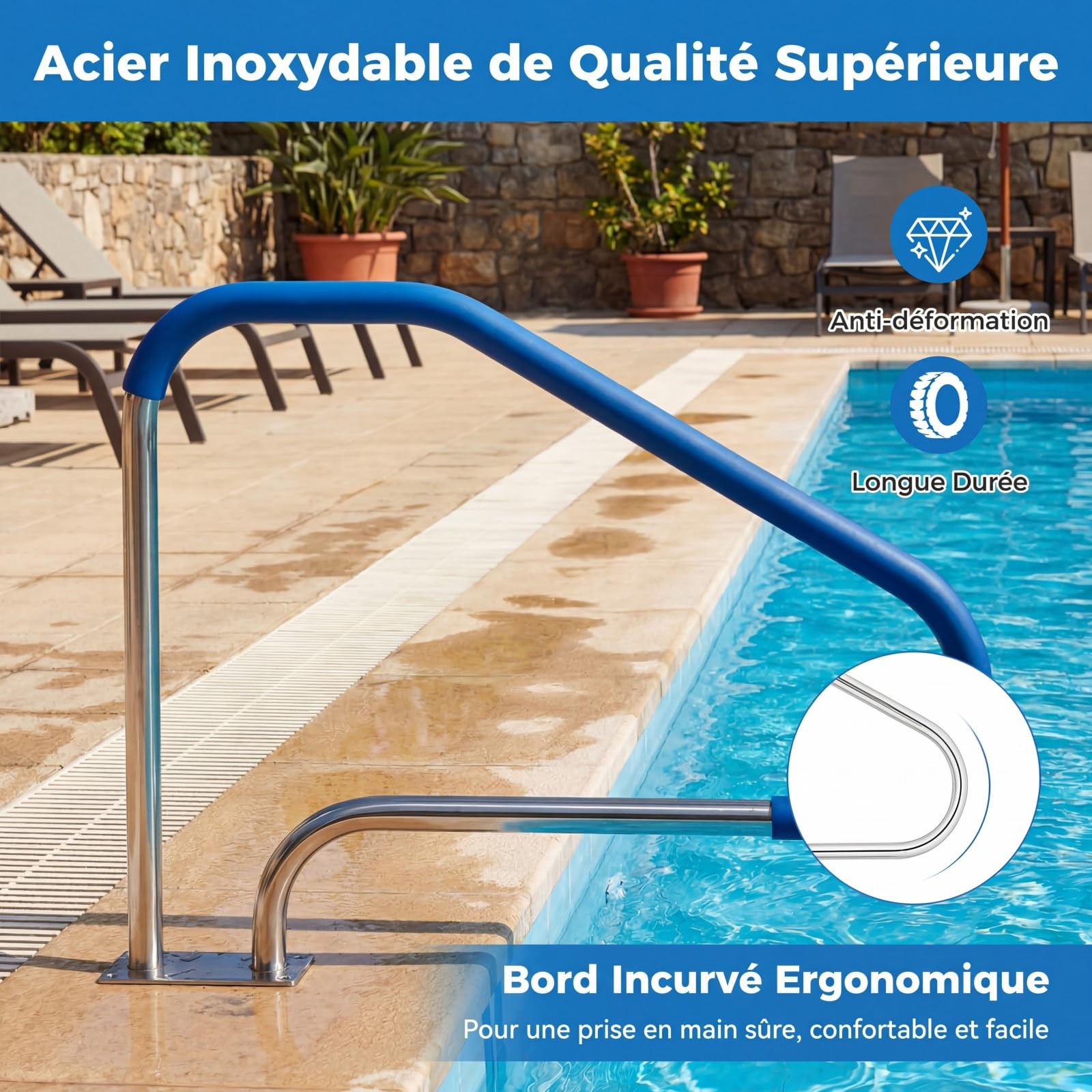 COSTWAY Rampe Piscine 119x79 cm, Charge 250 kg, Main Courante Piscine en Acier Inoxydable 304, Plaque de Base, Barre d'Appui de Sécurité, Housse Antidérapante, Accessoires, pour Spa Parc Aquatique (1)
