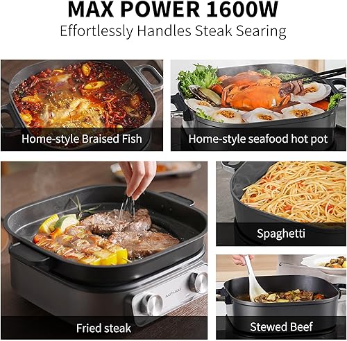 Miniatura 5 de Sartén eléctrica de 6 cuartos de galón con parrilla  Olla antiadherente con revestimiento de cerámica sin PFOA, 1600 W, temporizador y 3 ajustes de