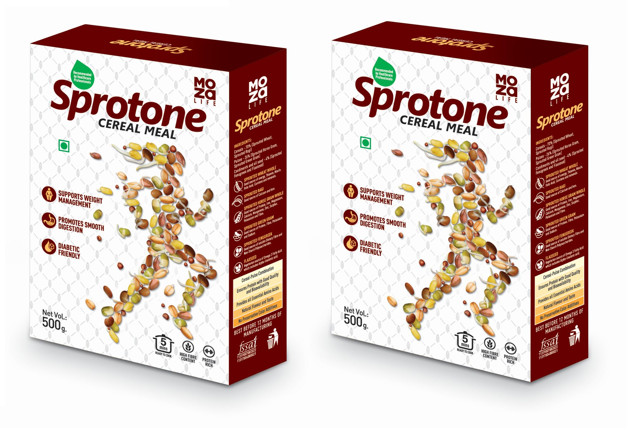 Moza Life Sprotone - Nutrient-Rich Cereal Meal with Sprouted Cereals, Pulses, and Multigrain Flour - Wheat, Ragi, Horse Gram, Green Gram - Healthy Vegetarian Breakfast (500 gm, Pack of 2) (B093WXYTWJ) Amazon Price History, Amazon Price Tracker