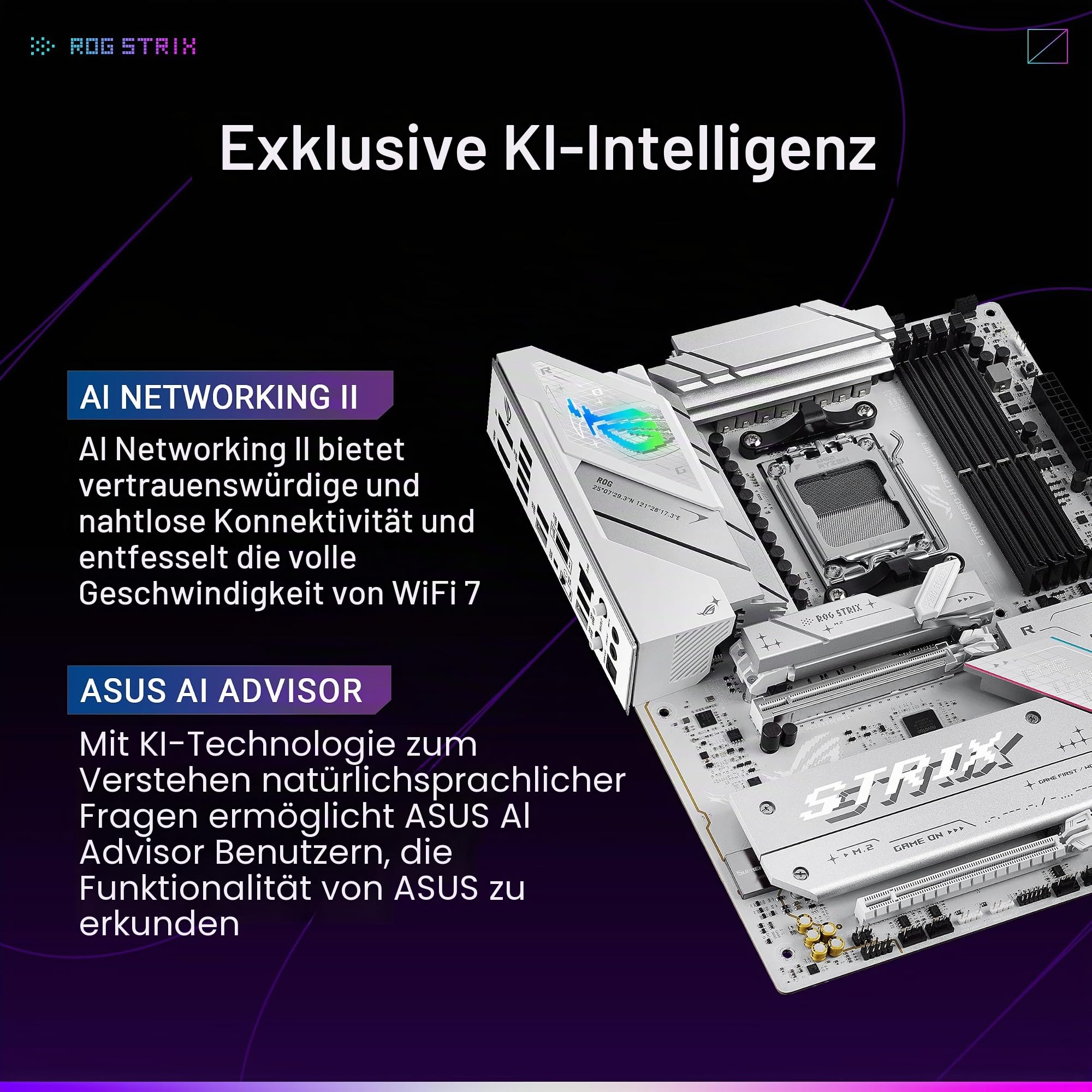 ASUS ROG Strix B850-A Gaming WiFi AMD AM5 B850 ATX Motherboard 14+2+2 Leistungsstufen, DDR5 AEMP, 2,5G LAN, WiFi 7 mit Q-Antenne, 4X M.2, PCIe 5.0, USB 20Gbps Type-C, AI Networking II, ASUS AI-Advisor