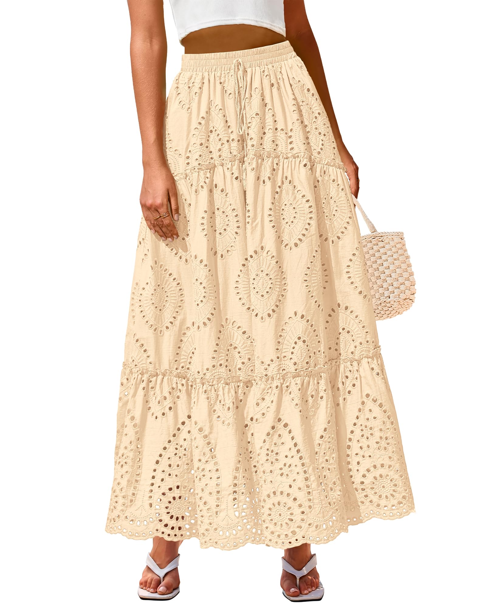 BTFBM Women's Boho Casual Skirts Summer 2025 Lace Embroidery Eyelet Elastic Waist Flowy Tiered A-Line Beach Maxi Skirt