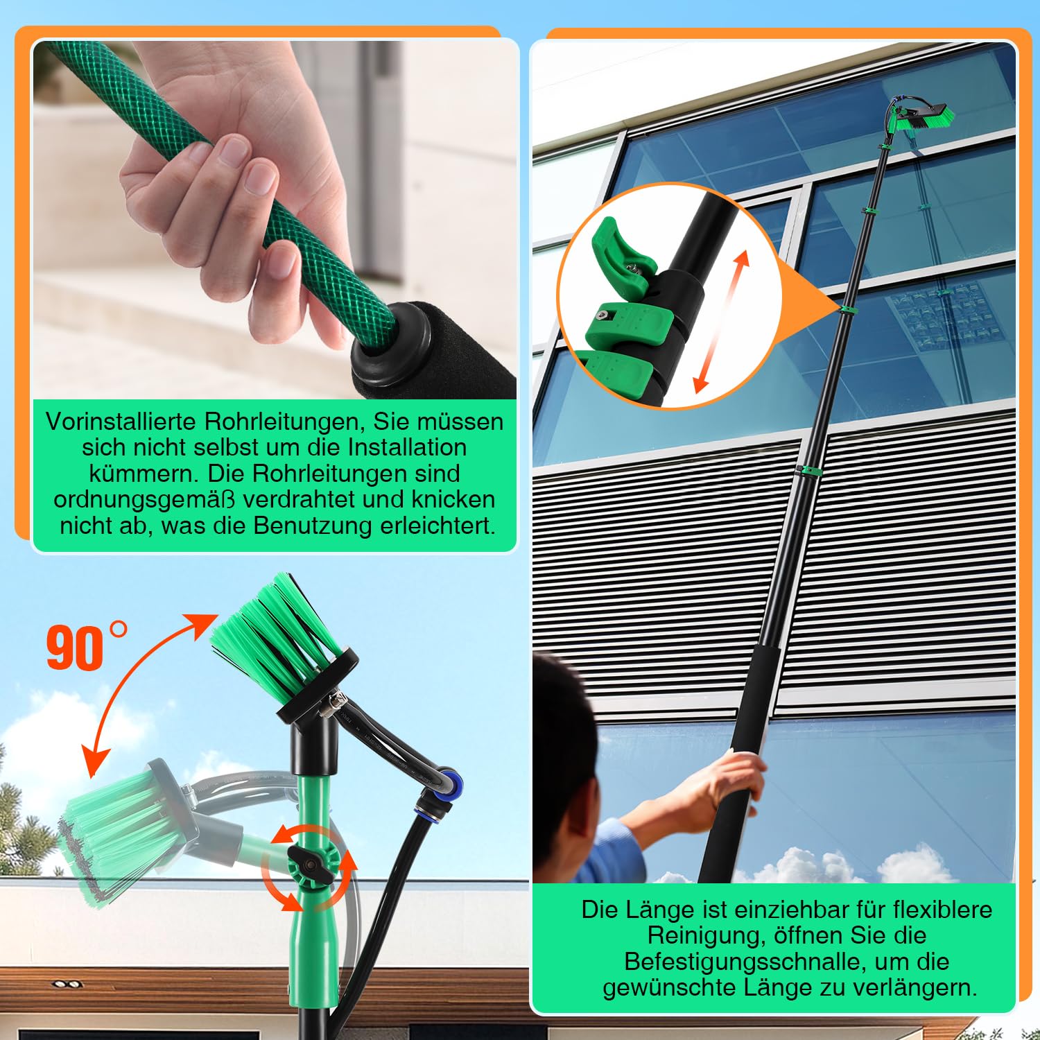 Brosse télescopique avec raccord d'eau 3,6 m, brosse de lavage télescopique, 2 en 1, avec manche télescopique en aluminium, nettoyeur de toit de terrasse, barre télescopique, nettoyage des
