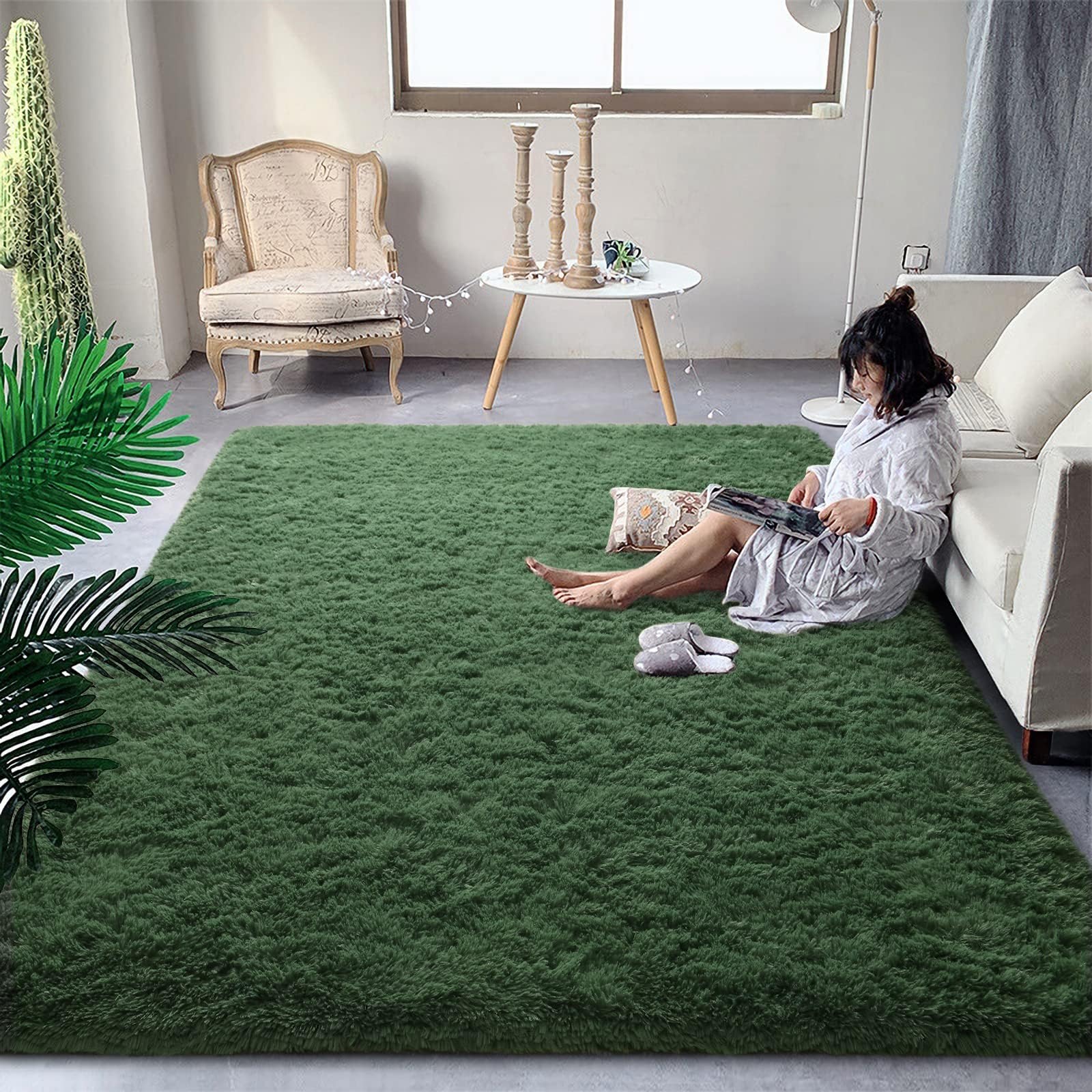 DweIke Fluffy Dark Green Rugs for Bedroom Living Room, 4x6 Feet Soft Plush Shaggy Forest Hunter Green Girls Boys Kids Rug, Non-Slip and Machine Washable Carpet for Dorm Nursery Classroom Decor