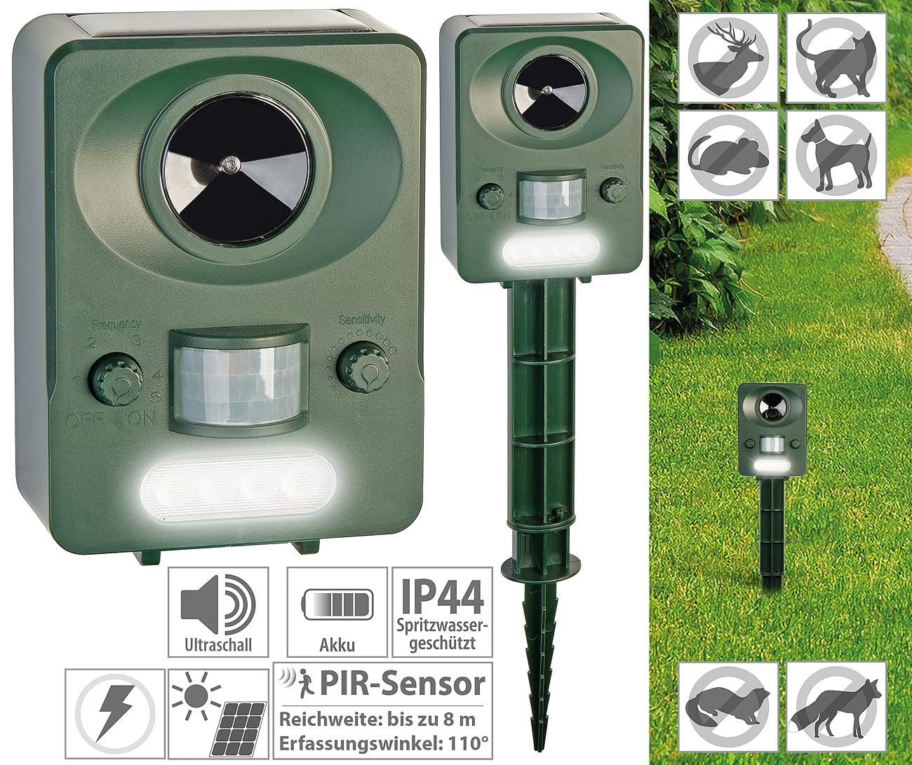 Exbuster Rattenabwehr: 4er-Set Ultraschall-Solar-USB-Tierschreck mit Blitzlicht & PIR-Sensor (Elektrischer Katzenschreck, Solar-Ultraschall-Tierabwehr, Hund)