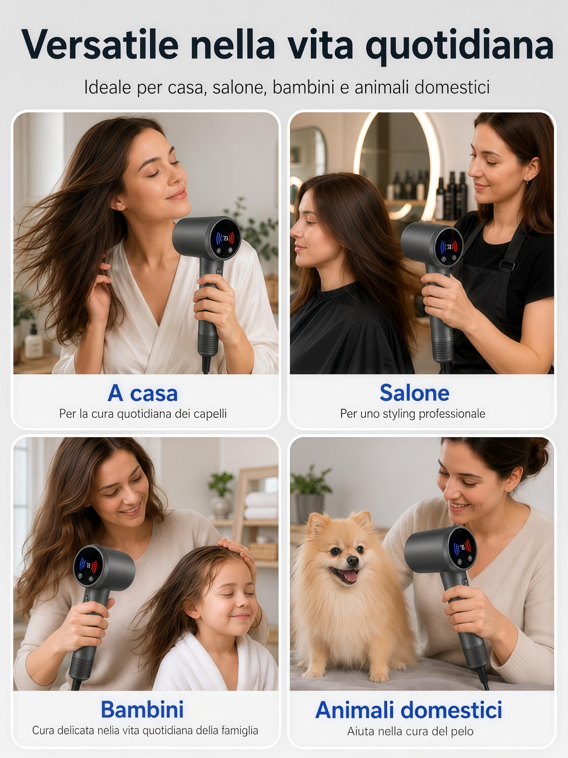 Asciugacapelli ad Alta Velocità con 5 Diffusori Compatibile con Dyson, 160.000 Giri/min, Motore Brushless 50 dB, Display Touch LED, Controllo NTC, 600 Mln Ioni Negativi, 13 Modalità, Magnetico
