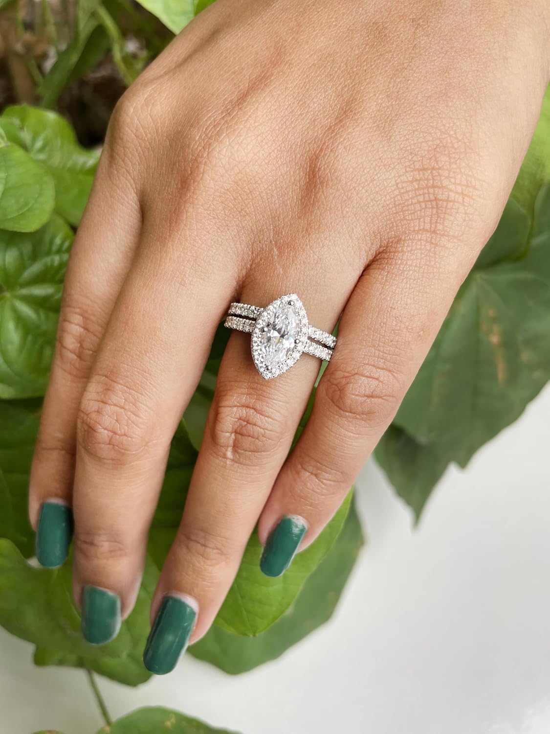 1.00 Carat Marquise Cut White Diamond Halo Engagement Ring With Matching Wedding Band For Women, 14K Gold Plated 925 Silver White Diamond Side Stone Halo Bridal Set