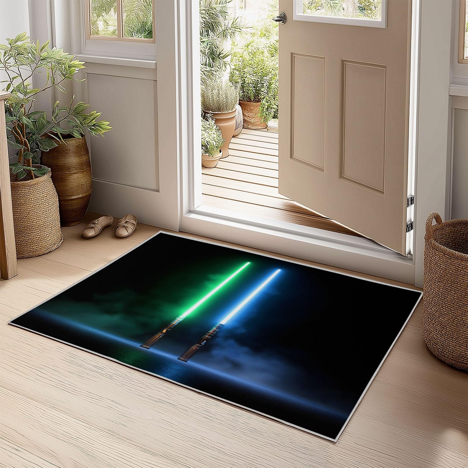 Gaming Teppich für Jungenzimmer 120x170cm Minimalismus Fantasie Lichtschwert, Rutschfester Waschbarer Kurzflor Schwarz Teppich für Gaming Setup Spielzimmer, Weiches Flanell Dekor für Kinder Teenager
