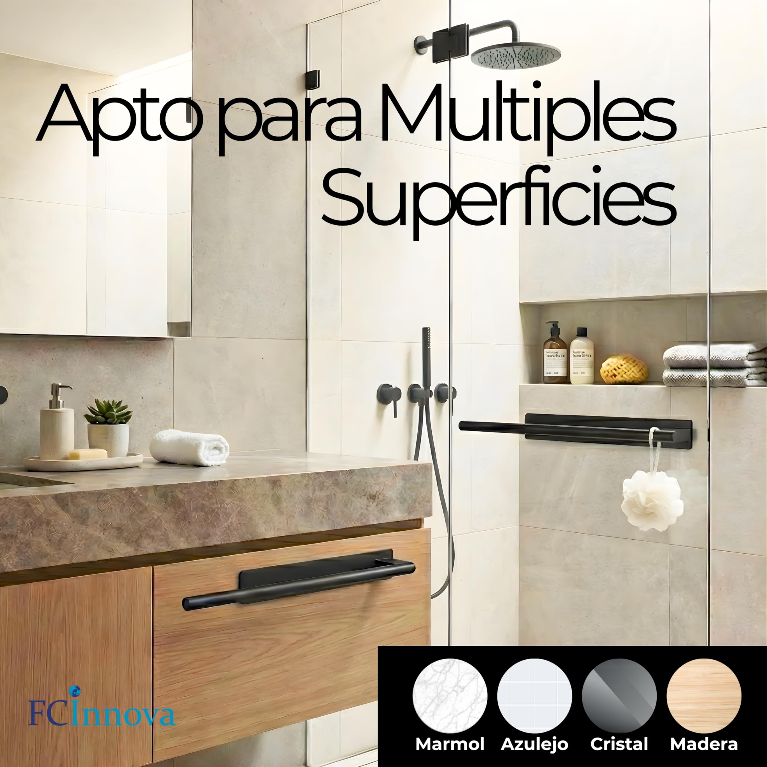 Toallero Adhesivo Baño sin Taladro Negro Mate de 43cm Fabricado en Acero Inoxidable 304 Resistente a la Humedad y al oxido Toallero sin Taladro de Facil Instalación y Fuerte fiajación Adhesiva 3M