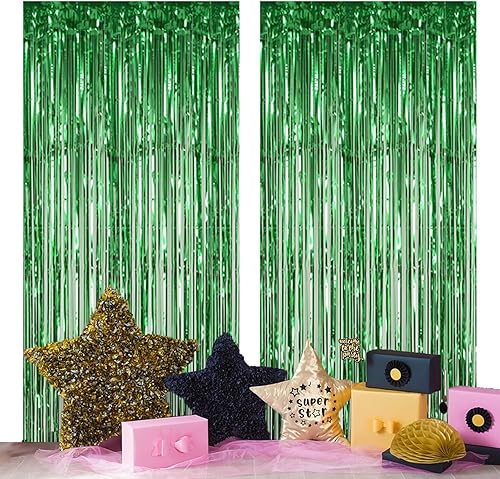 DUOBAO Cortinas de flecos de papel de aluminio, color verde, 2 paquetes de 3.3 x 6.6 pies, cortinas de flecos metálicos láser para decoración de