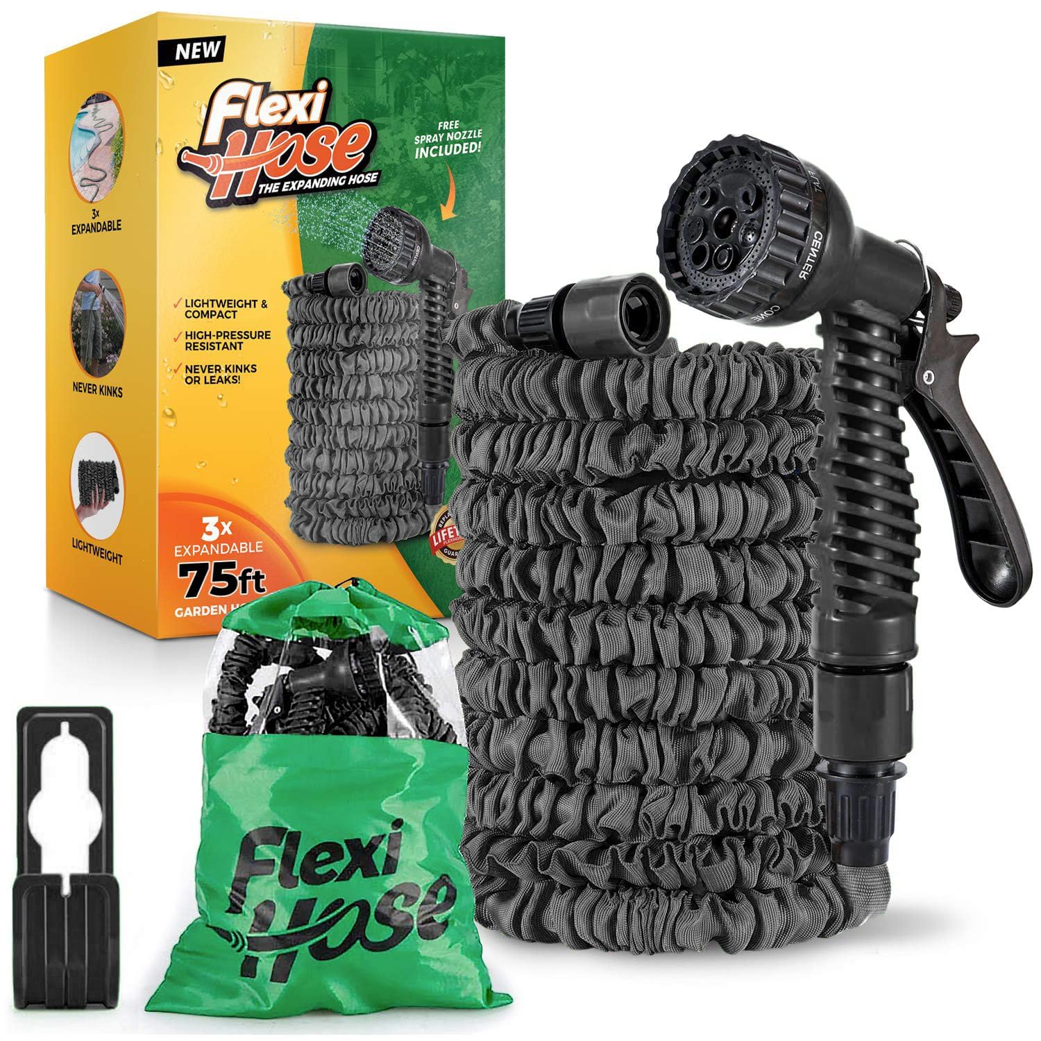 Flexi Hose Expandable Garden Hose - 75FT Heavy Duty Water Hose, Retractable Hose with 3/4-Inch - Expandable Design & Spray Nozzle Included - Black, 23 Metres
