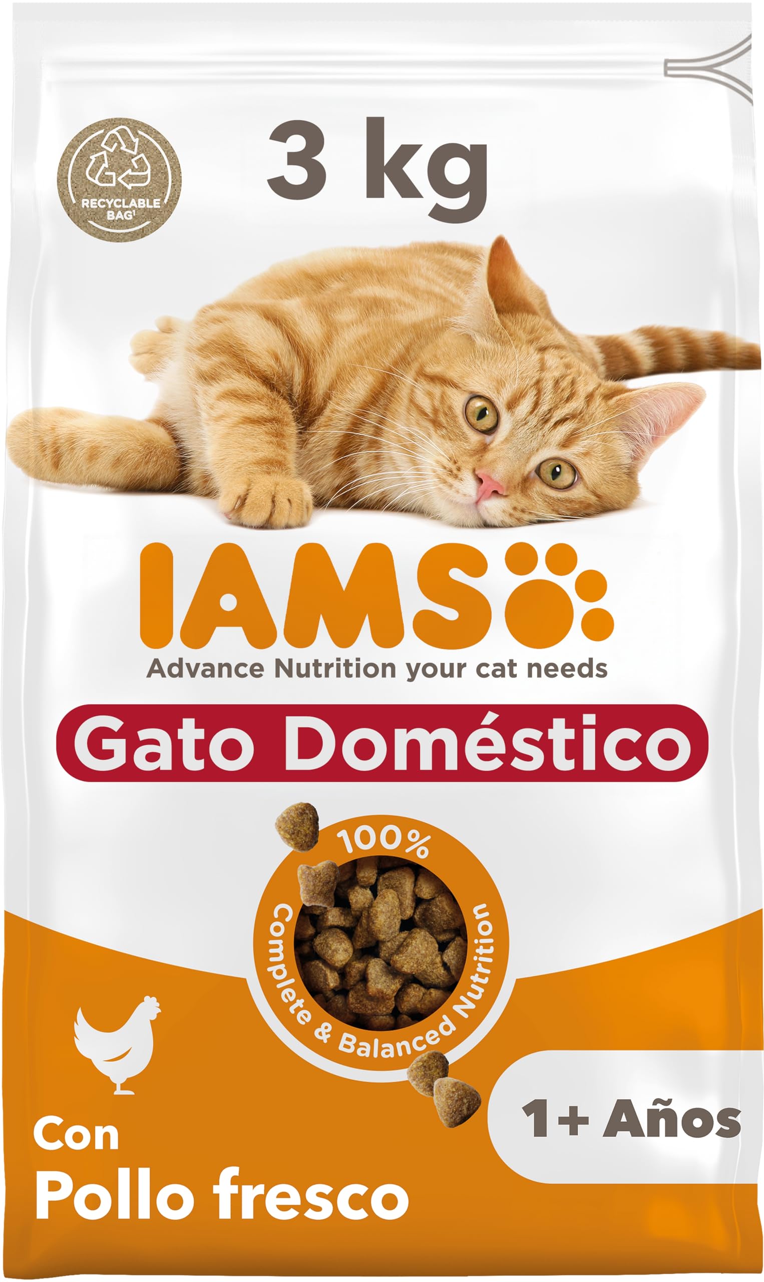 IAMS Alimento seco para gatos de interior - comida seca para gatos adultos de más de 1 año con pollo fresco, 3 kg