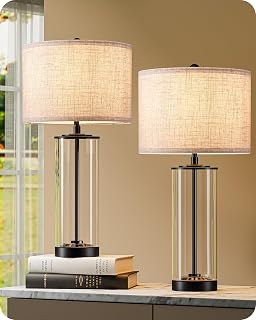 EDISHINE 23.6" Glass Table Lamps Set of 2 - DIY Refillable Bedside Lamps with Linen Shade, Rotary Switch, E26 Base for Bedroom, Living Room