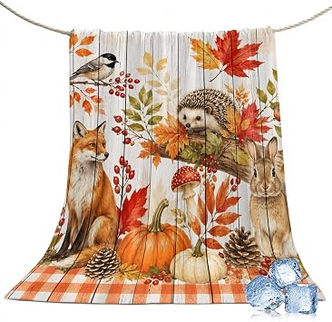 30"x40" Throw Cooling Blanket Fall Thanksgiving Ice Silk Lightweight Breathable Soft Summer Blanket for Hot Sleepers Couch Bed Sofa Camping Rustic Retro Fox Rabbit Hedgehog Pumpkin