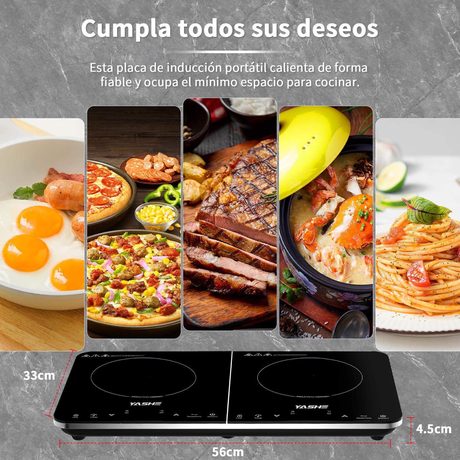 YASHE Placa de inducción- Placa de inducción de doble cara, 10 ajustes de potencia y 10 ajustes de temperatura, placa de inducción de 3500 W con 2 discos, temporizadores, bloqueo de seguridad