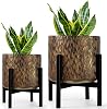 Harvest Land Plant Pots with Stand, Set of 2 Large Modern Planters Metal Tall Handmade Flower Pots with Drainage Holes Indoor Outdoor,Bronze