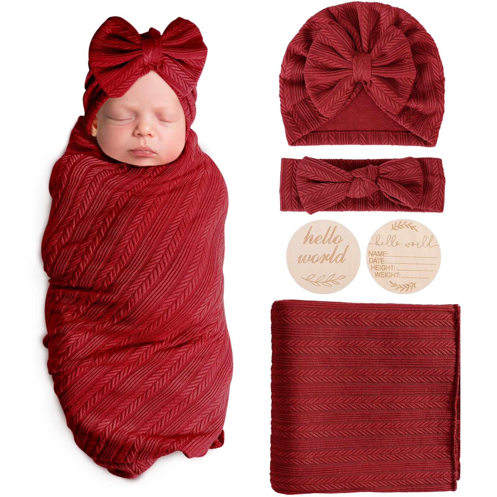 AQOKKA Newborn Receiving Blanket with Bow Hat Headband Wooden Card Set Wheat-Pattern Newborns Toddler Baby Boy Girl Nursery Swaddle Wrap