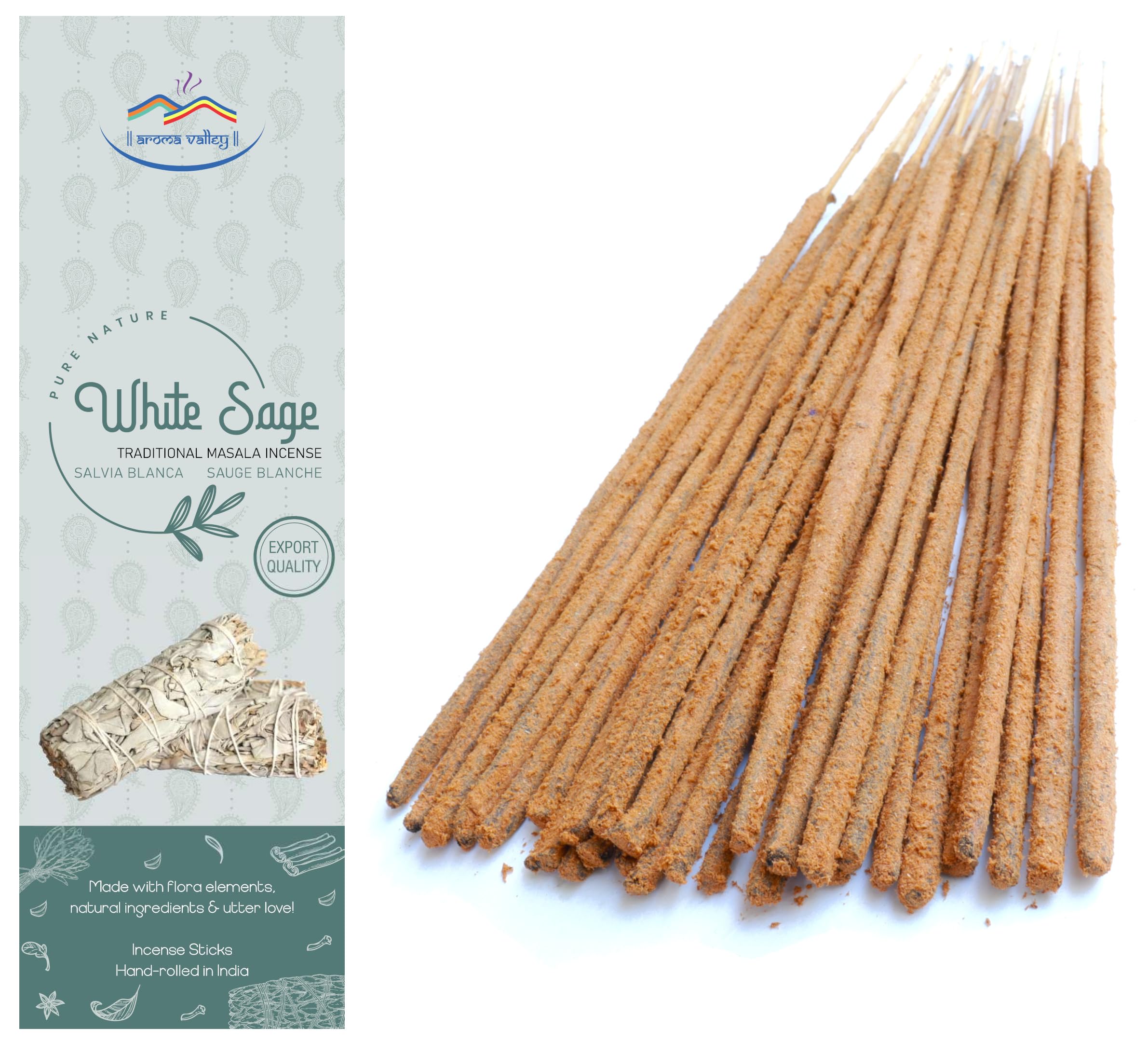 Aroma Valley White Sage Incense Sticks - Traditional Handcrafted Masala Incense - 40 to 50 sticks approx. — image 1