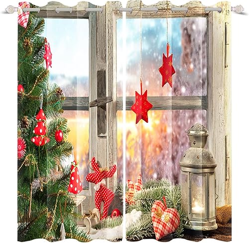 Renaiss Cortinas opacas de Navidad, bolas de adorno de Navidad rojas e invierno Friut gris madera para dormitorio, cortinas de ventana con Renaiss Cortinas opacas de Navidad, bolas de adorno de Navidad rojas e invierno Friut gris madera para dormitorio, cortinas de ventana con