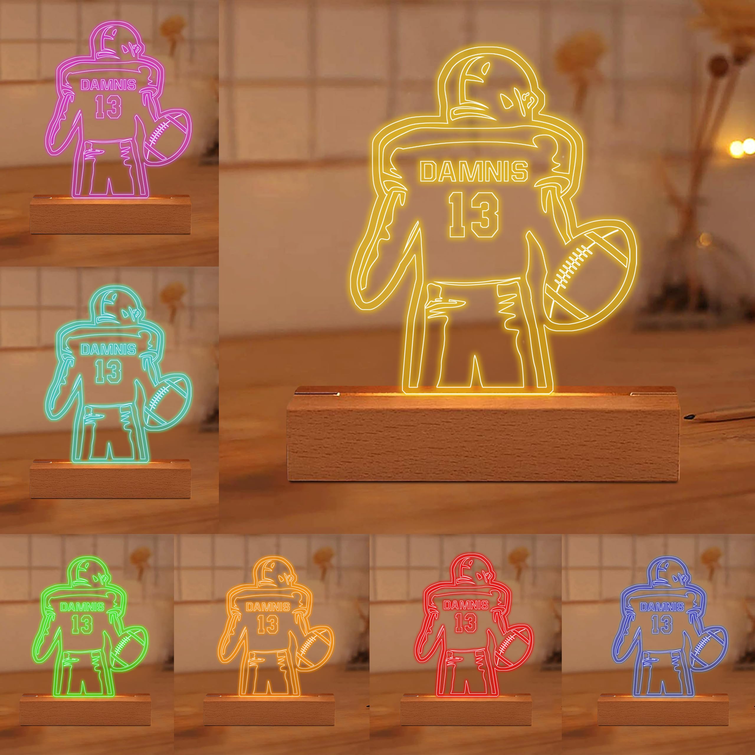 Personalized Name Number Rugby Football Night Light Custom American Football Player Acrylic Lamp Nursery Bedroom Rugby LED Night Light Home Decor Gift for Coach Sportmen Football Lover Boy Men