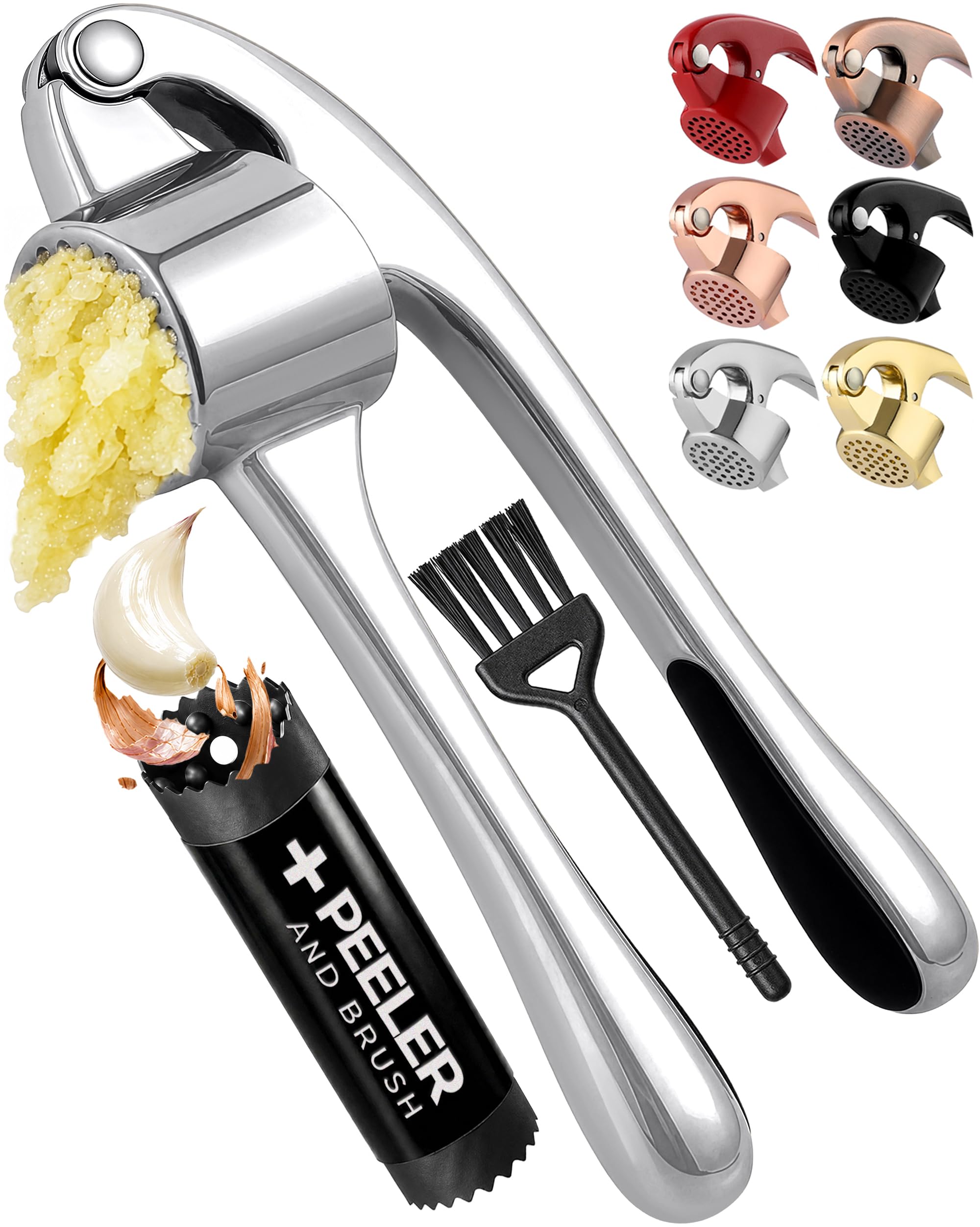 Zulay Kitchen Large Premium Garlic Press Set - Bigger Bowl for Bigger Garlic - Rust Proof Garlic Mincer Tool - Easy-Squeeze, Easy-Clean Silicone Garlic Peeler &amp; Brush (Chrome)