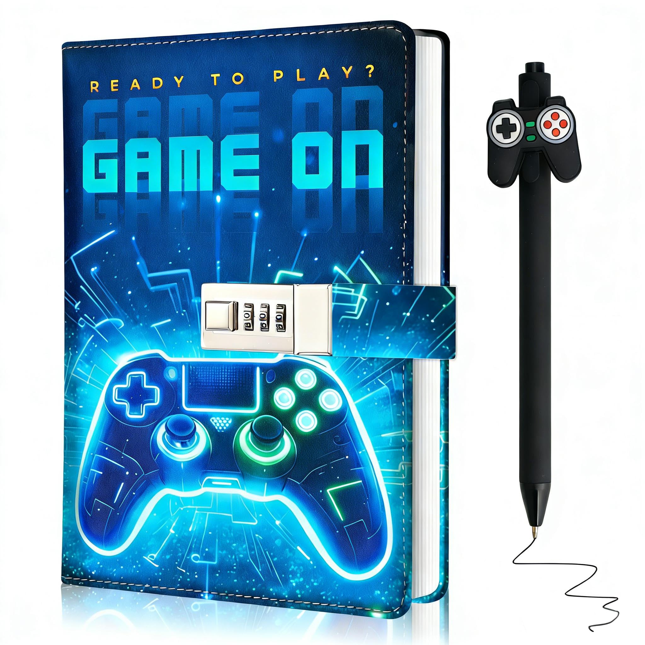 Diary with Lock for Boys, A5 Secret Diary Lockable Notebook and Pen, Game Journal with Lock for Kids, Teenage Boy Gifts for 7 8 9 10 11 12 13 14 15 Year Old Boys Birthday Back to School Stationery Set