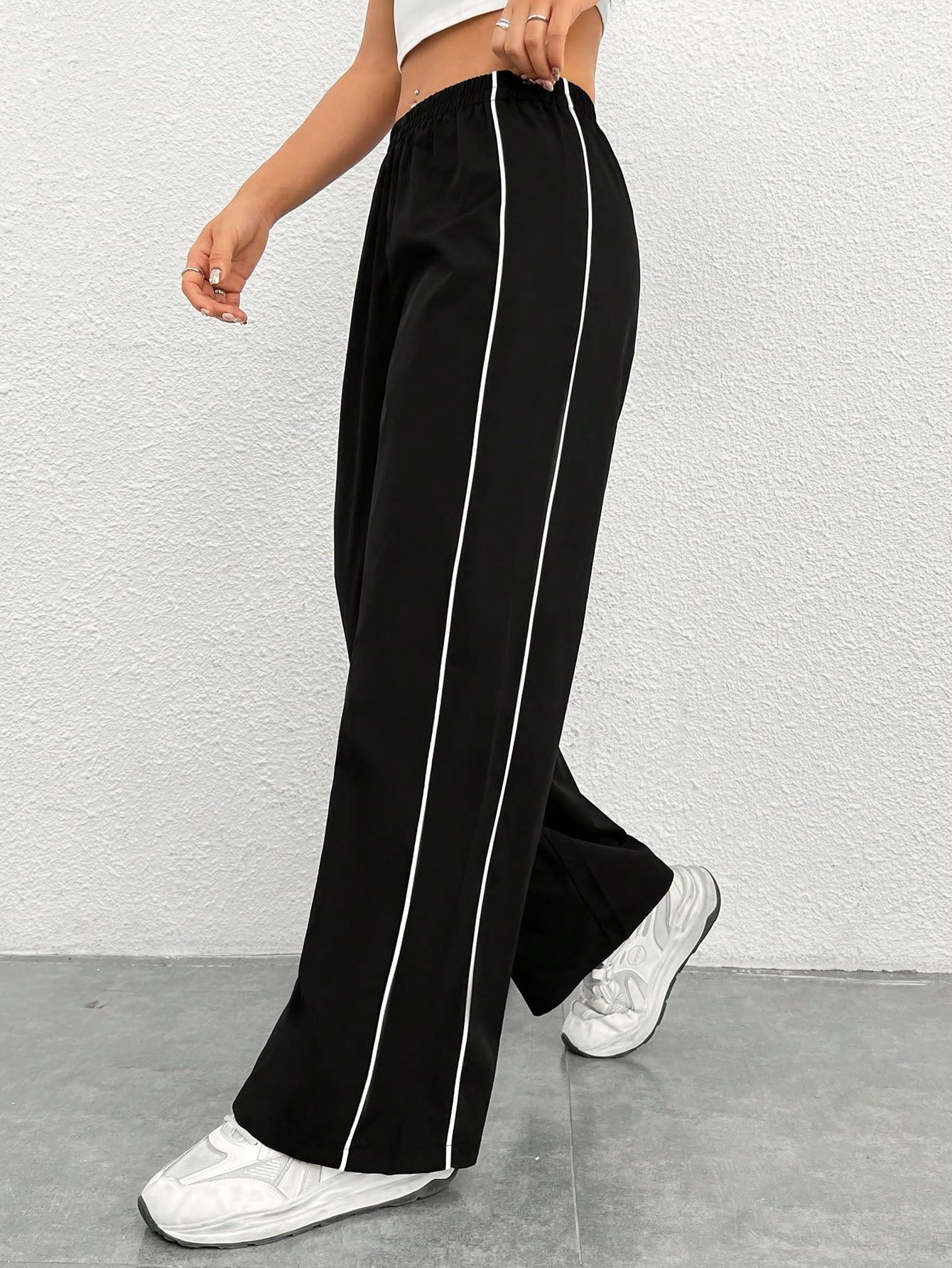 Women Casual Loose Fit Track Pants High Waist Elastic Waistband Straight Wide Leg Trousers with Side Piping, Gym Yoga Running Athletic Sweatpants Comfortable