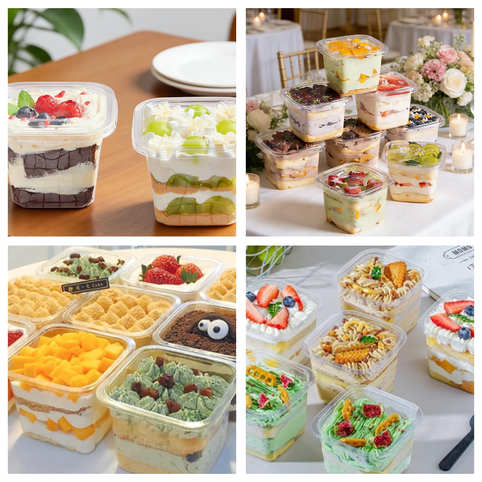 50 bicchieri da dessert in plastica con coperchio, 360 ml, rettangolari, in plastica, con cucchiai, ciotole da dessert, riutilizzabili, per tiramisù, dessert, mousse