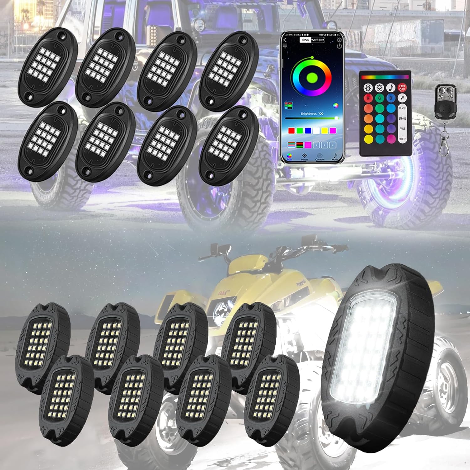 2 Pack 8 Pods Underglow LED Light Kits, RGB Rock Lights Kit and Alloy Pure White Rock Lights Kit for Truck Golf Cart ATV UTV Offroad, Waterproof Underbody Kit with App/RF Remote 12-18V
