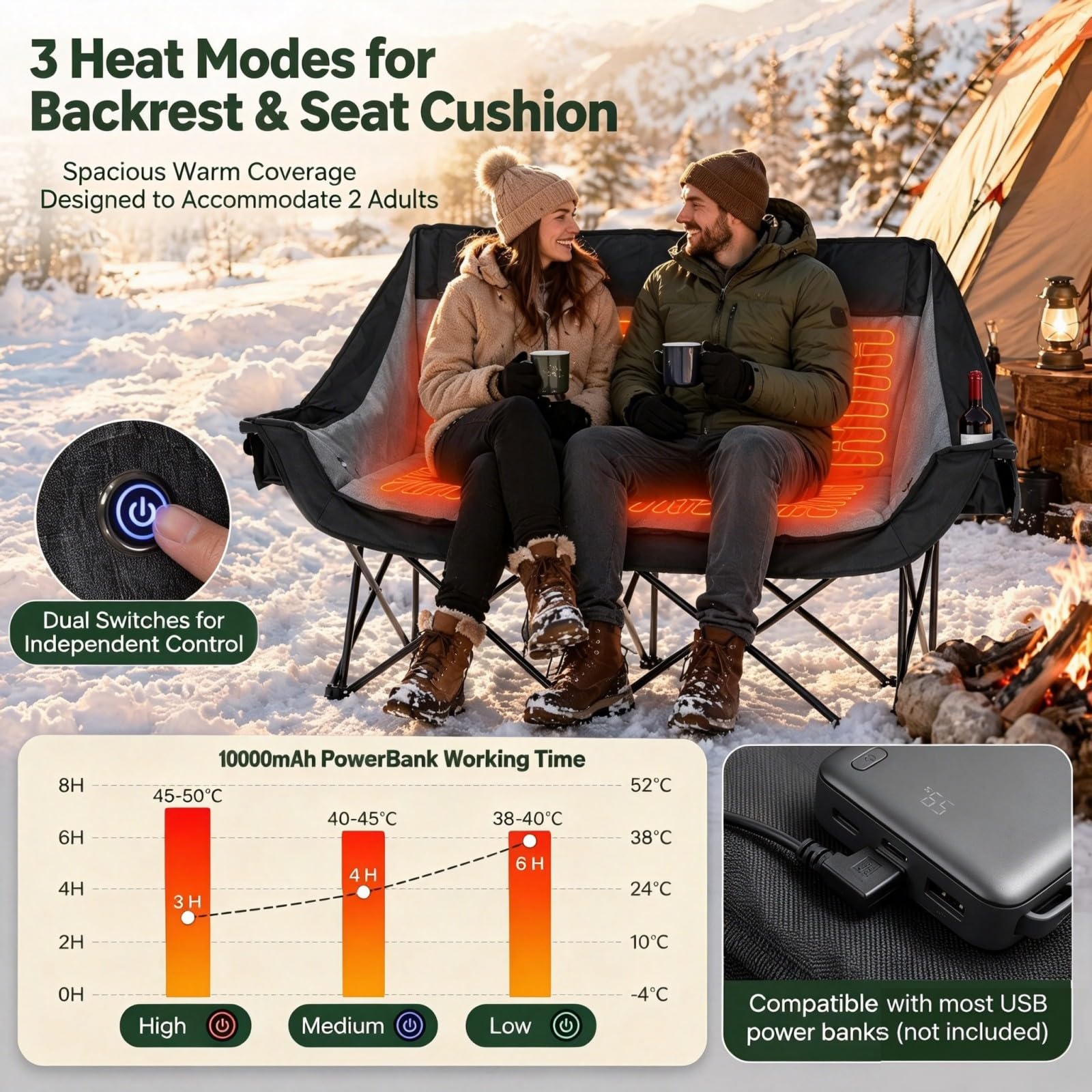 GOPLUS Silla de Camping para 2 Personas con Calefacción,Carga 300 kg | Sillón Plegable Acolchado con 3 Niveles de Calefacción, Portavasos, Bolsillos y Bolsa de Transporte para Campaña y Jardín