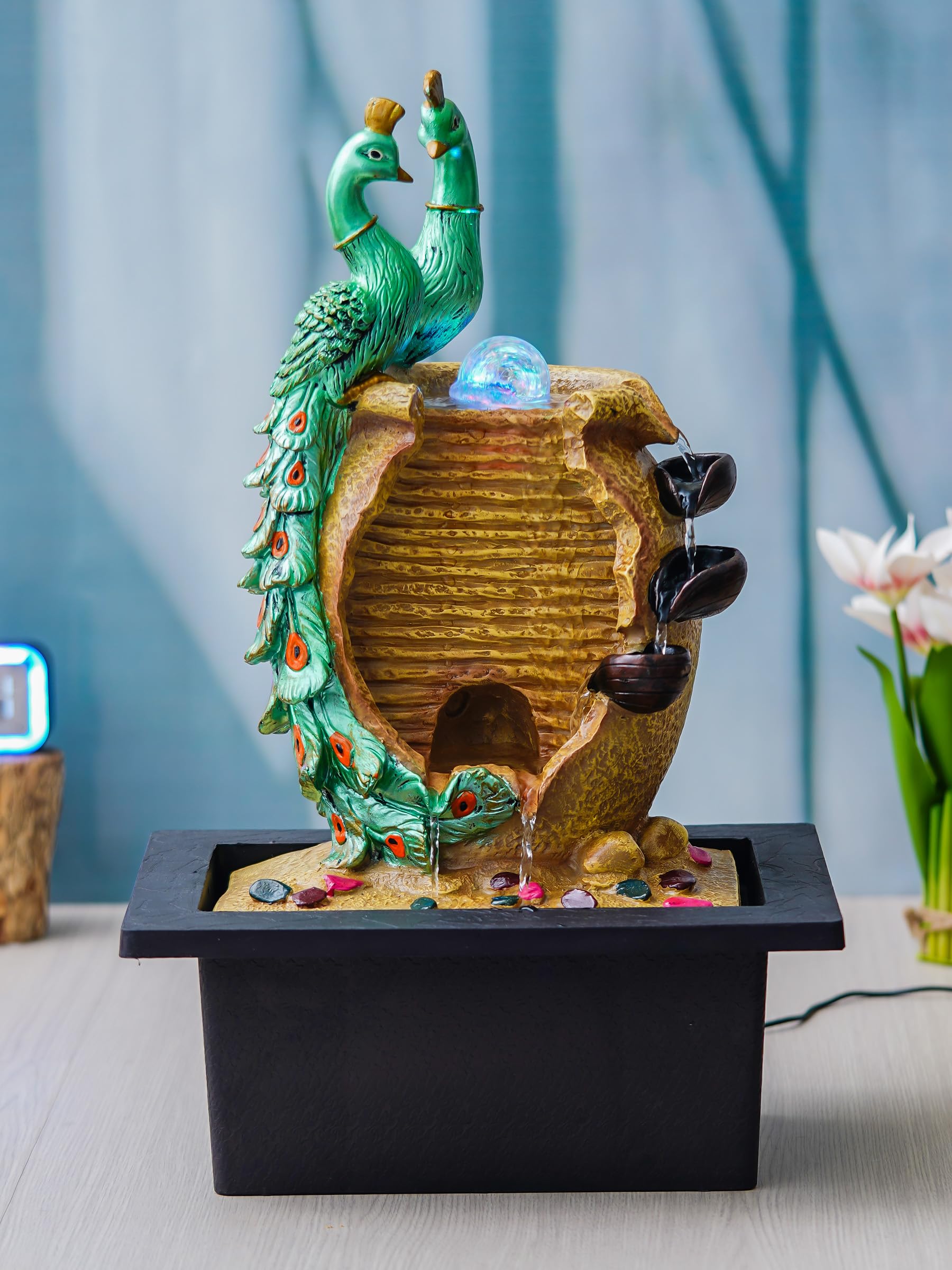 CHRONIKLE Cream Brown Polyresin Tabletop 2 Peacock 5 Step Indoor Water Fountain for Home Decor with LED, Speed Control Pump (Size: 37 x 28 x 58 CM | Weight: 3000Gram)-image-1