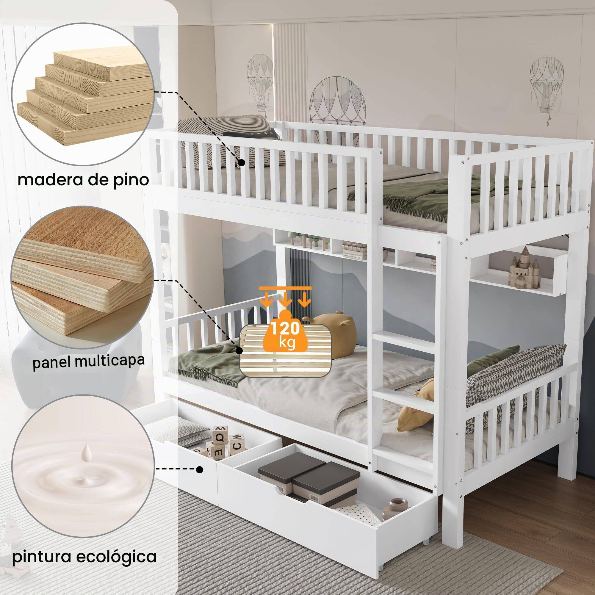 Cama alta 90 x 200, litera para 2 niños, cuna con escalera y 2 cajones, cama alta con protección contra caídas y estantes, marco de madera de pino, blanco (blanco-1)