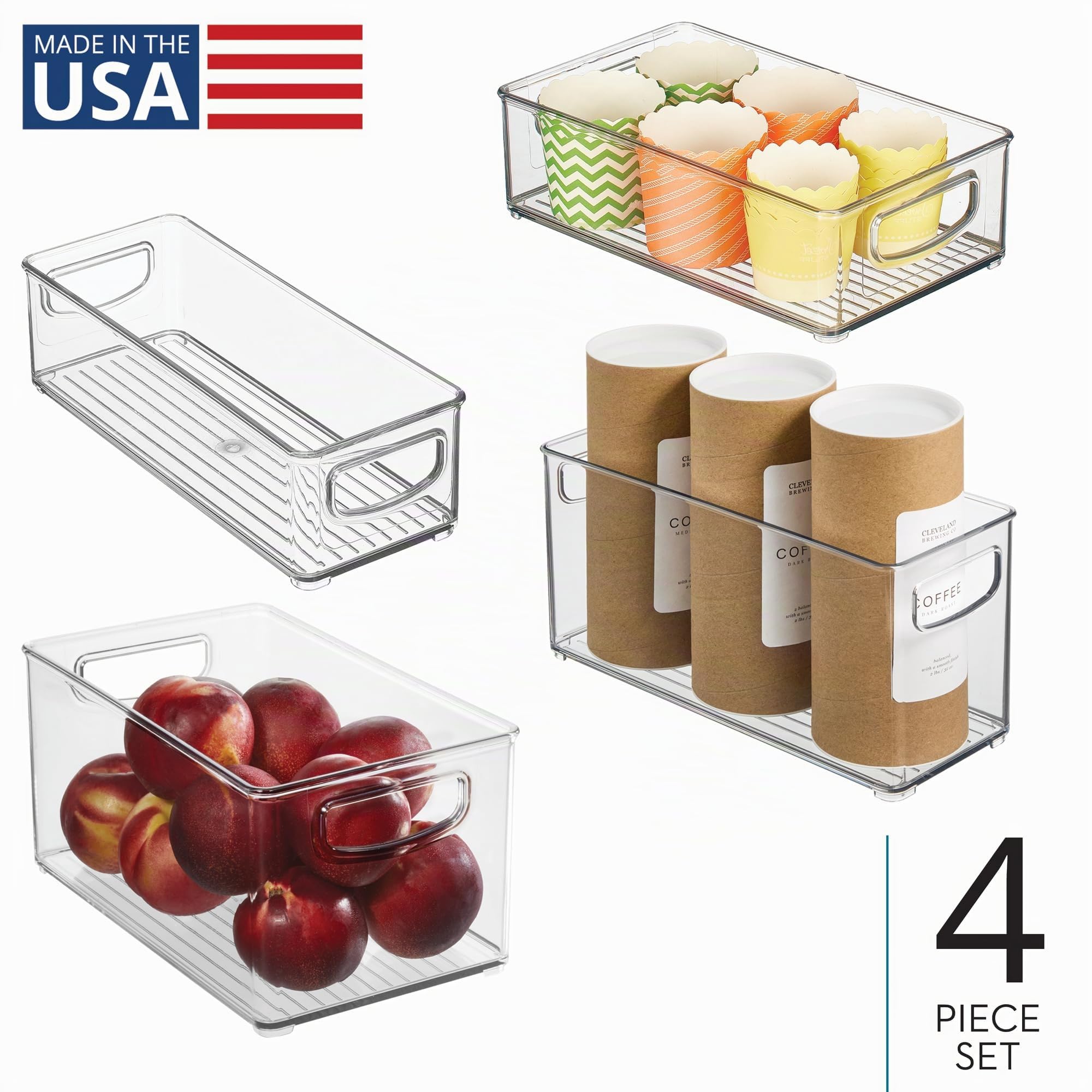 iDesign Set di 4 contenitori impilabili in plastica riciclata con maniglie per cucina, frigorifero, congelatore e dispensa, Varie dimensioni, trasparenti