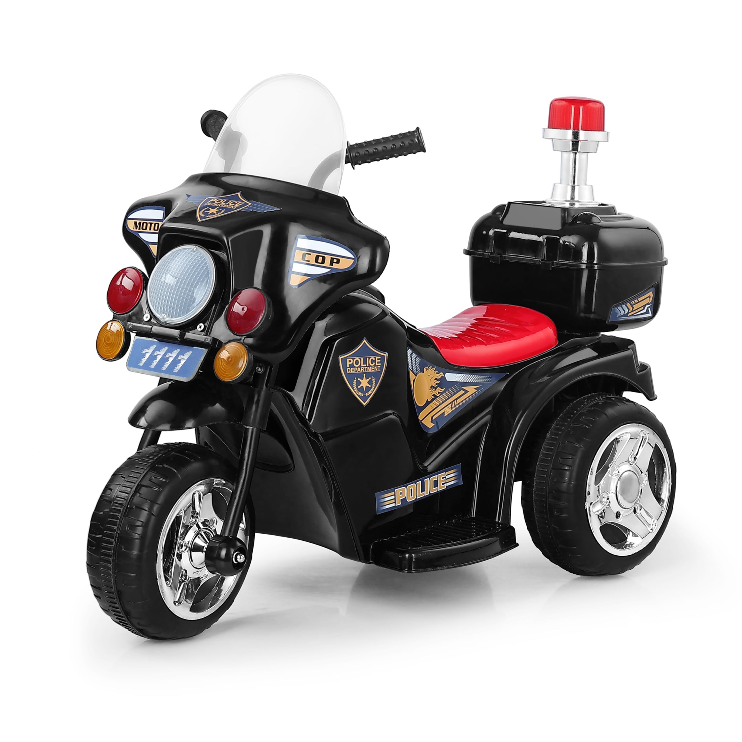 BabyGo Police Ride-On Bike for Kids with Music & LED Headlight, Safety Pedal, Backrest and Storage Box, Big Wheels Ride-On Toy for Boys and Girls 1–6 Years (Black)-image-3