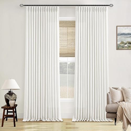 Beige White Pinch Pleated Linen Curtains 2 Panels 102 Inches Long | Thick Linen Flax, Pinch Pleat with Hook Rings, Memory Trained, Light Filtering Semi Sheer Ceiling Curtains, Ivory White
