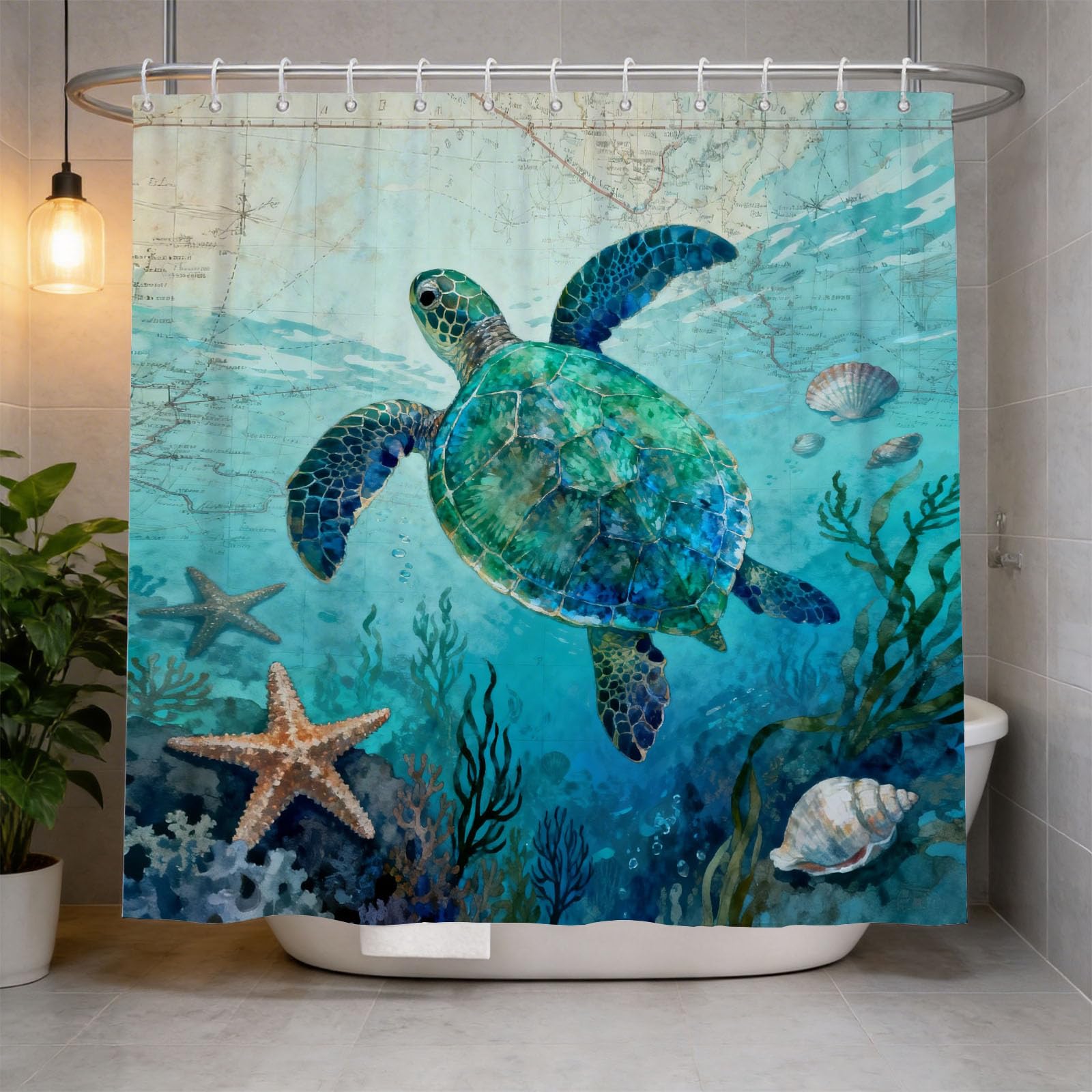 Hongduo 3D Map Sea Turtle Shower Curtain for Stalls Bathtubs Vintage Nautical Bathroom Decor Shower Curtain Set Polyester Fabric Waterproof 200x200cm/79X79 Inch with Hooks