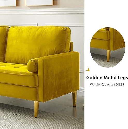 Miniatura 6 de Sofá biplaza moderno de terciopelo de 67 pulgadas, sofá biplaza tapizado de mediados de siglo con 2 almohadas y 4 patas doradas, sofás de 2 plazas