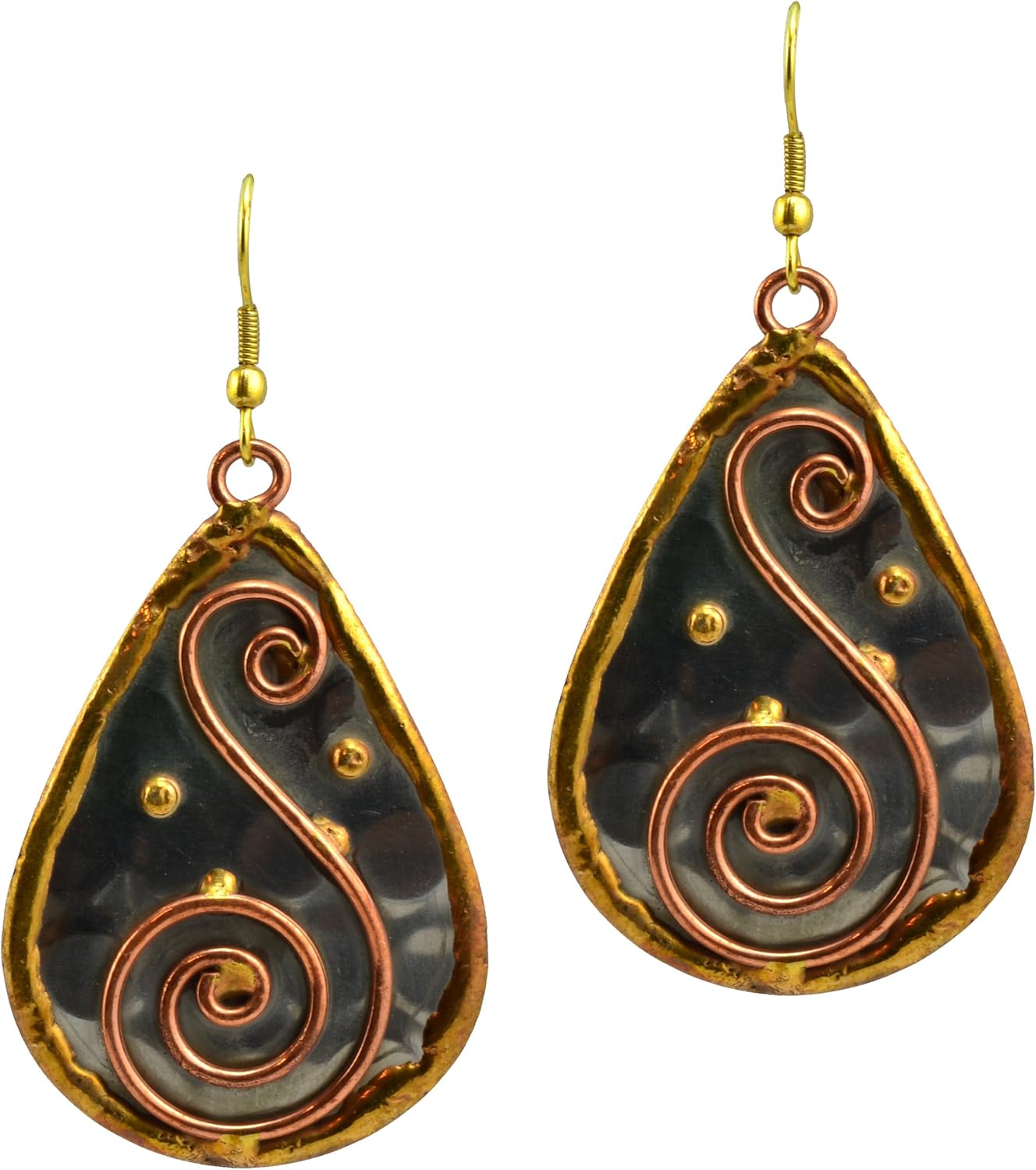 Mixed Metal Teardrop "S" Spiral Dangle Earrings in Stainless Steel, Brass and Copper