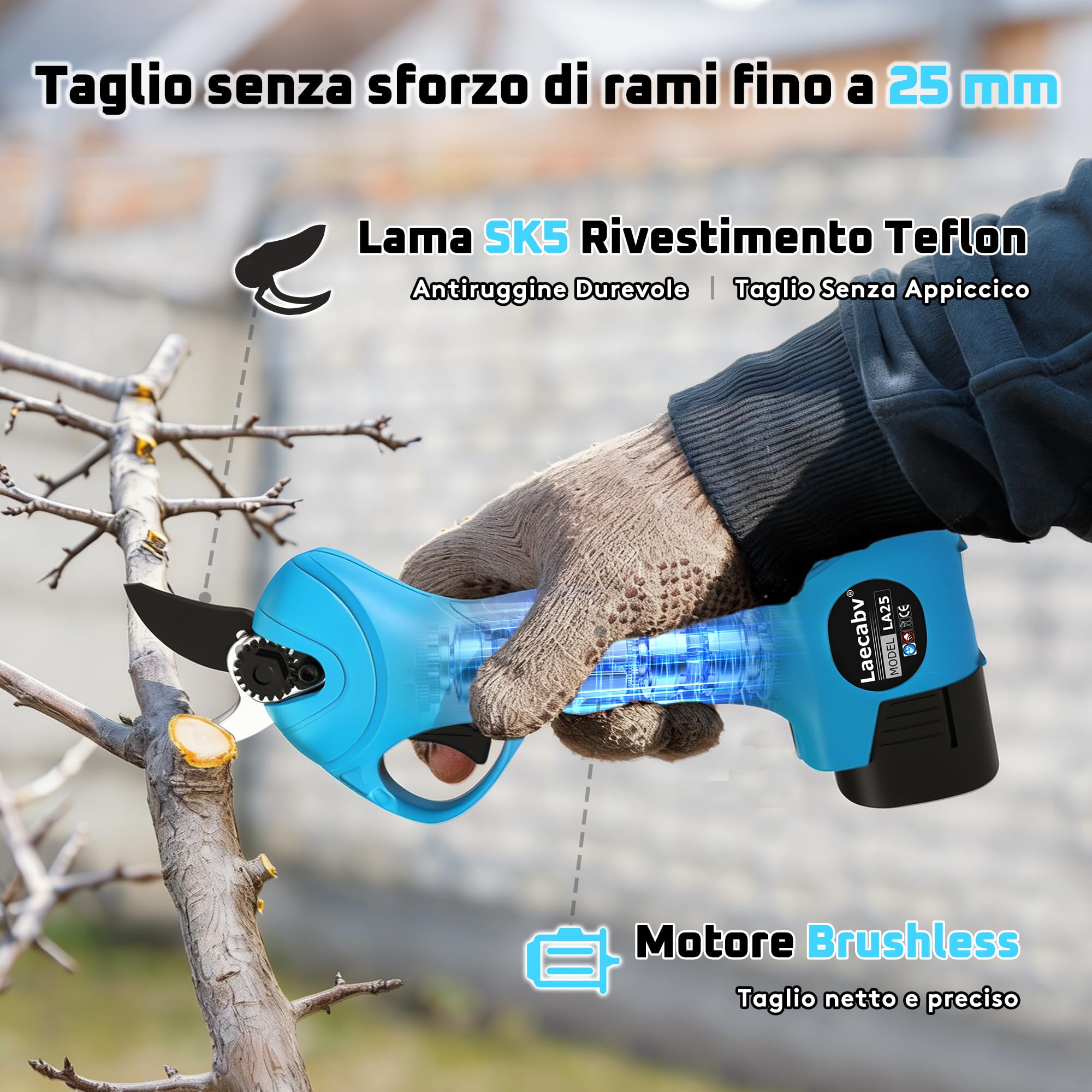 Laecabv Forbici Potatura Elettriche 25mm Forbici e cesoie per potatura Con 2pcs 2000mAh Batteria per Potatura Giardino Albero da Frutta Delle Viti
