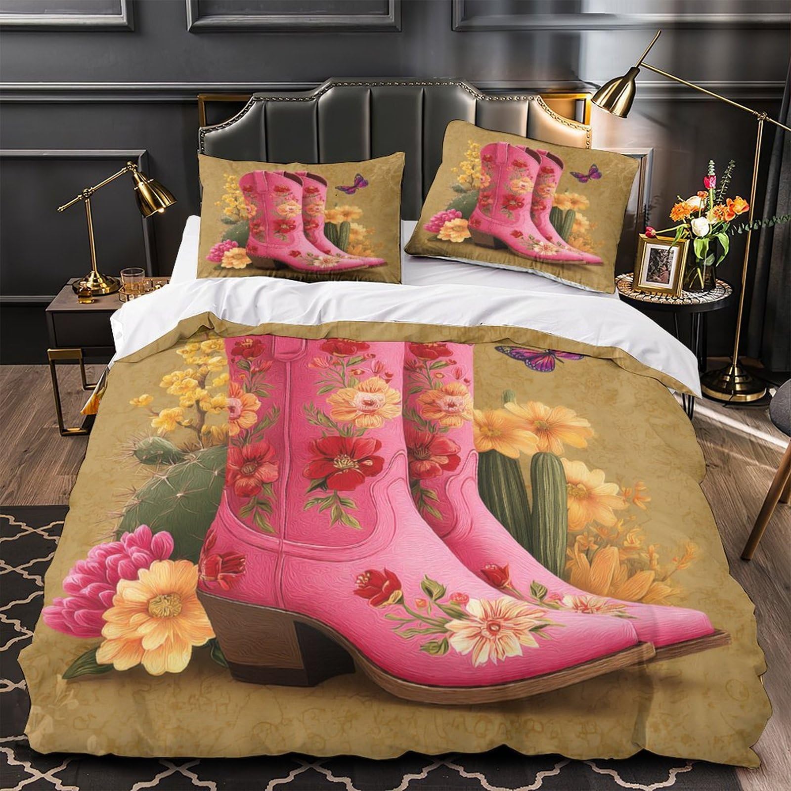 Housse de couette 140x200cm effet 3D bottes roses en microfibre de qualité supérieure
