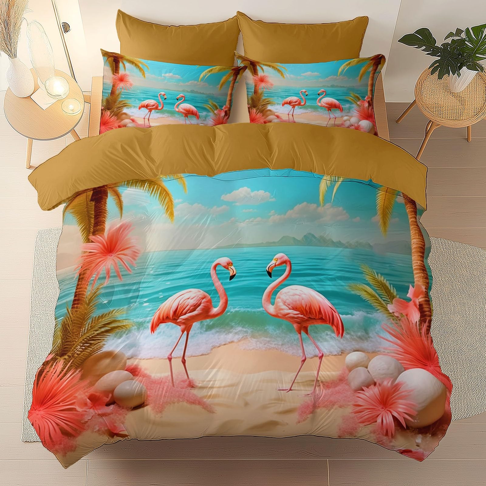 Zestaw dwustronnych poszewek na kołdrę – zestaw poszewek na kołdrę 3D, plażowe flamingi, miękki nadruk, 1 poszewka na kołdrę 260 x 220 cm i 2 poszewki na poduszki, brązowy zestaw pościeli z mikrofibry
