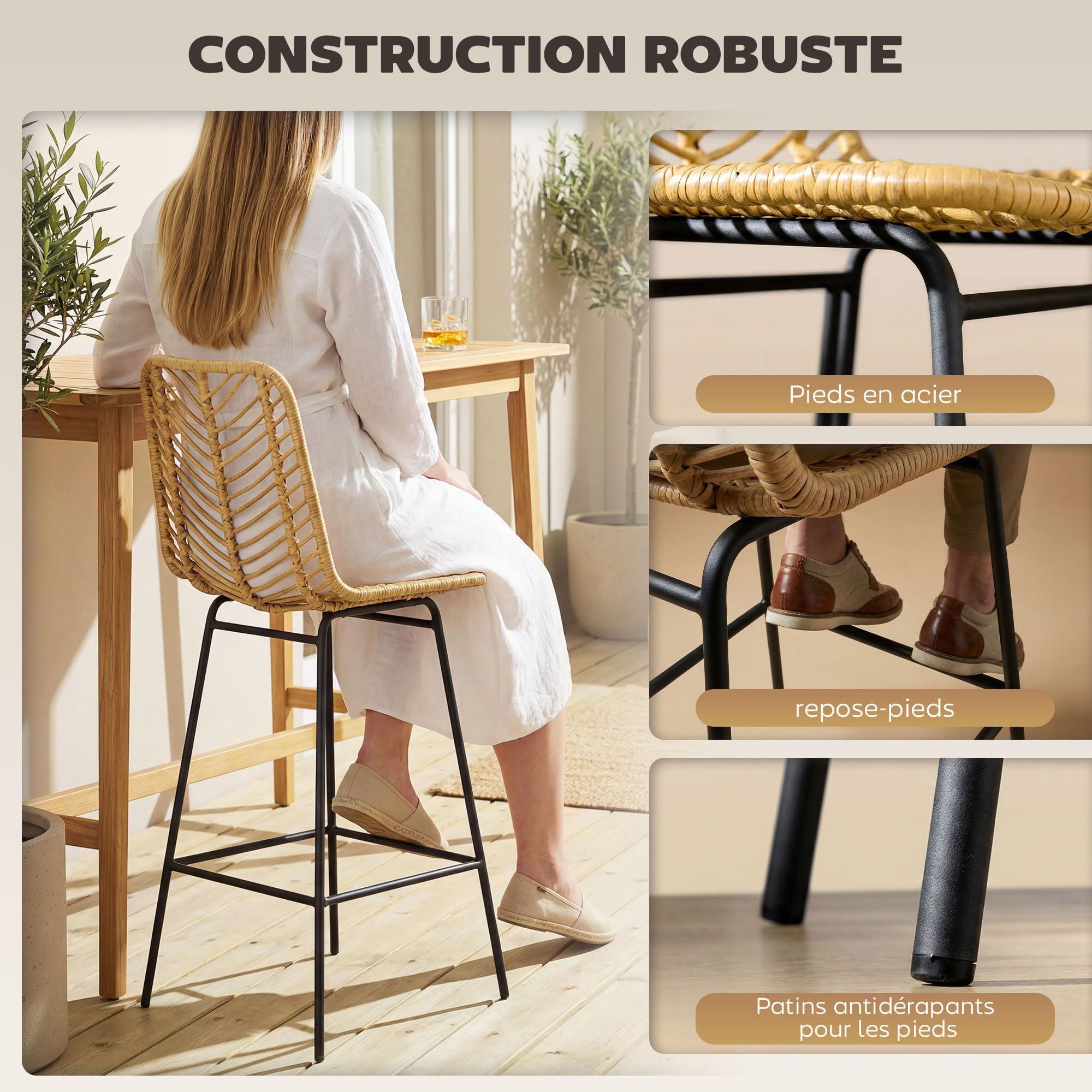 HOMCOM Lot de 2 Tabourets de Bar, Chaises de Bar, Assise 66H cm, Dossier en Cannage et Repose-Pieds, Cadre en Acier, Design Bohème, Chaises Hautes Cuisine, Salle À Manger, Comptoir, Jaune